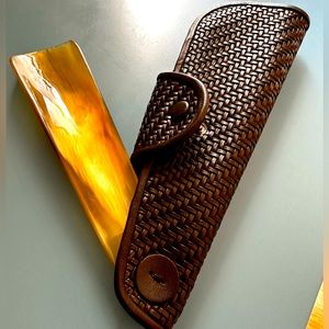 AUTHENTIC Ermenegildo Zegna Pelle Tessuta Pearl Shoe Horn w/ Leather Case